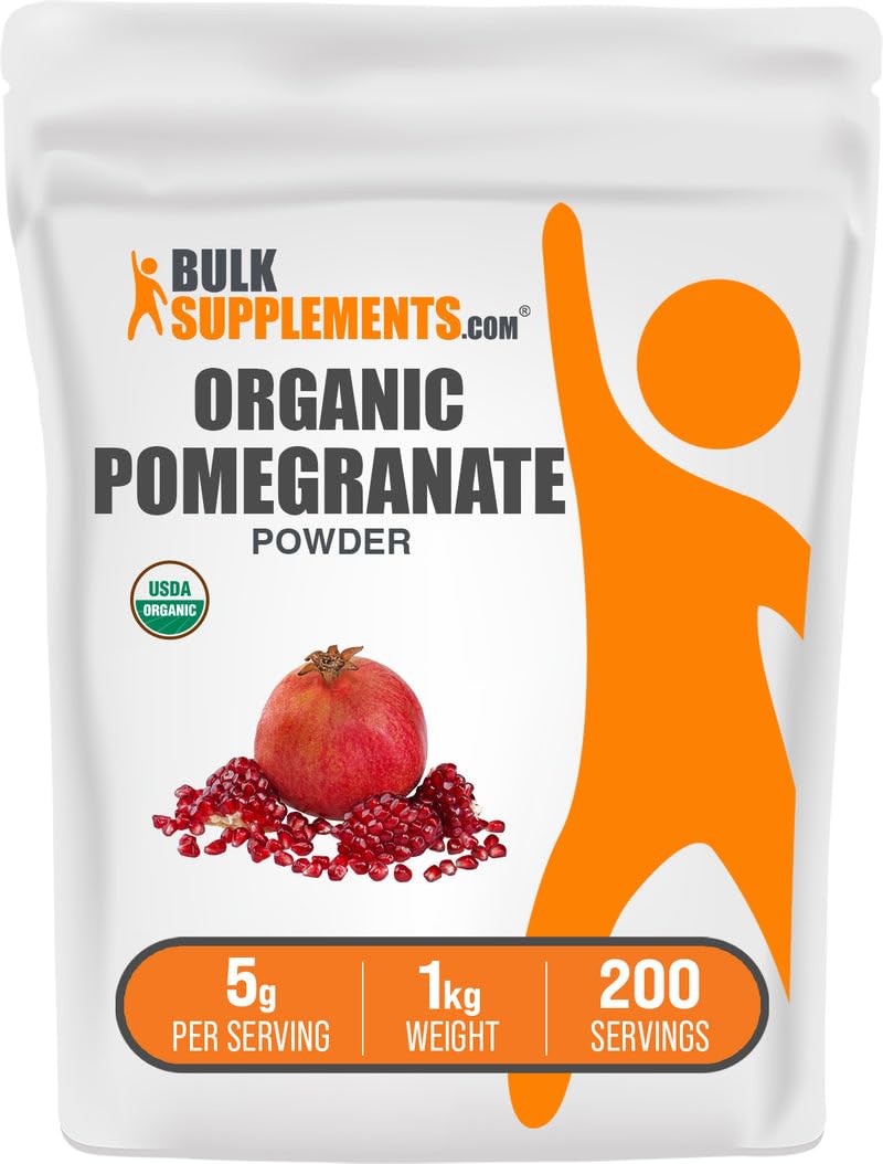 BulkSupplements Organic Pomegranate Powder packaging shows gluten-free, high-quality supplement.