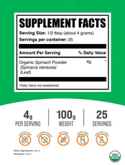 BulkSupplements Organic Spinach Powder label close-up highlights vegan gluten-free formula.