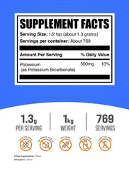 Close-up of BulkSupplements label on Potassium Bicarbonate powder showing purity and gluten-free formulation