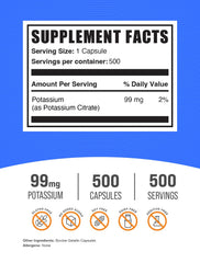 BulkSupplements Potassium Citrate serving shows 99 mg per capsule for everyday wellness.