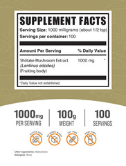 BulkSupplements Shiitake Mushroom Extract Powder jar shows a gluten-free vegan supplement ready to mix with meals.