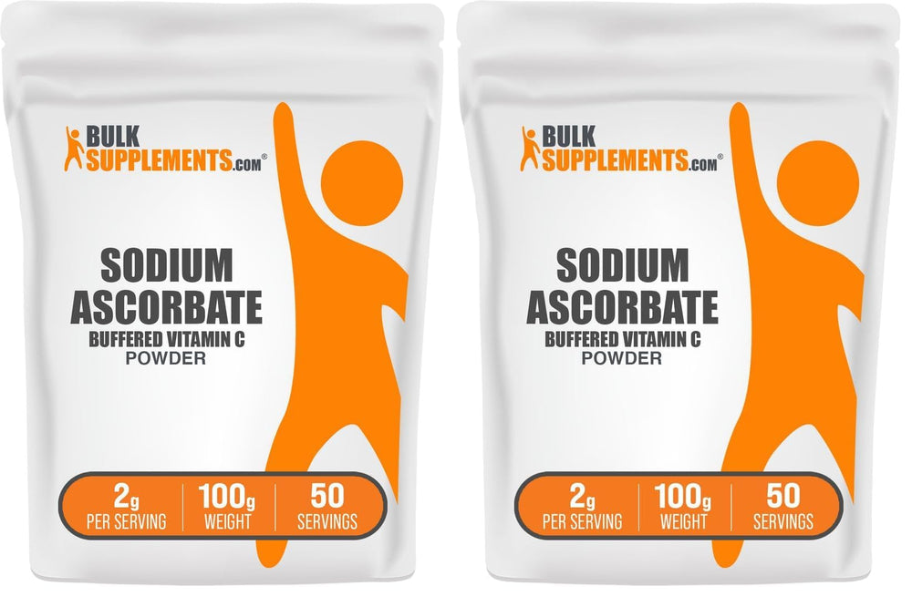 BulkSupplements Sodium Ascorbate powder bottle highlights buffered vitamin C for daily immune support.