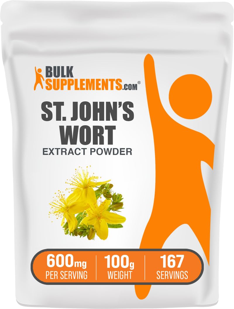 BulkSupplements St. John's Wort Extract bottle showing mood support benefits