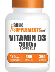BulkSupplements Vitamin D3 5000IU softgels bottle front, ideal for daily wellness