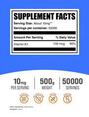 BulkSupplements Vitamin K1 powder bottle back highlighting gluten-free ingredients.