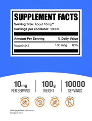 BulkSupplements Vitamin K1 Powder packaging shows clear labeling for easy supplementation.