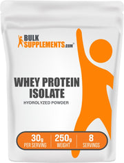BulkSupplements Whey Protein Isolate bottle pouring for a quick protein boost.