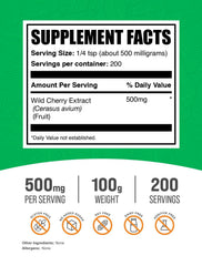 BulkSupplements Wild Cherry Extract Powder jar with label offers convenient 500 mg servings.