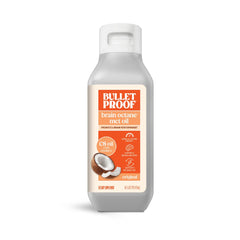 Bulletproof Coconut Brain Octane bottle on kitchen counter for sustained energy.