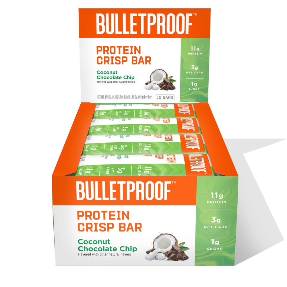 Bulletproof coconut chocolate protein crisp bars pack, a convenient high-protein snack for active days