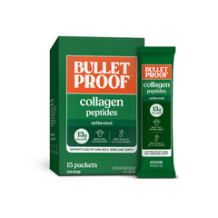 Bulletproof unflavored collagen peptides packets on counter for convenient daily use