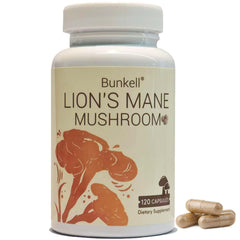Bunkell Lion's Mane capsules bottle front view highlighting brain health support.