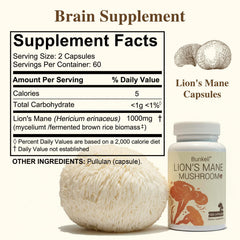 Bunkell Lion's Mane bottle side view showing non-GMO and gluten-free formula.