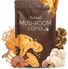 Bunkell Mushroom Coffee powder jar showing energy-boosting blend for mornings