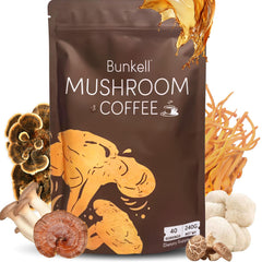 Bunkell Mushroom Coffee tub front shows the 6-mushroom blend for focused energy.