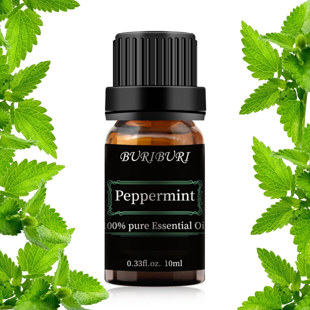 BURIBURI Peppermint Oil 10ml bottle provides pure aroma for diffusers.