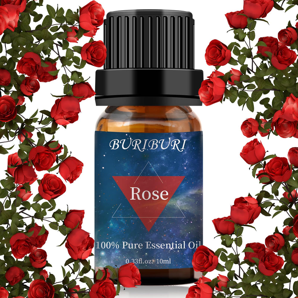 BURIBURI Rose essential oil bottle in amber glass preserves purity and fragrance.
