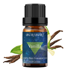 BURIBURI Vanilla Essential Oil bottle in amber glass for pure aromatherapy sessions