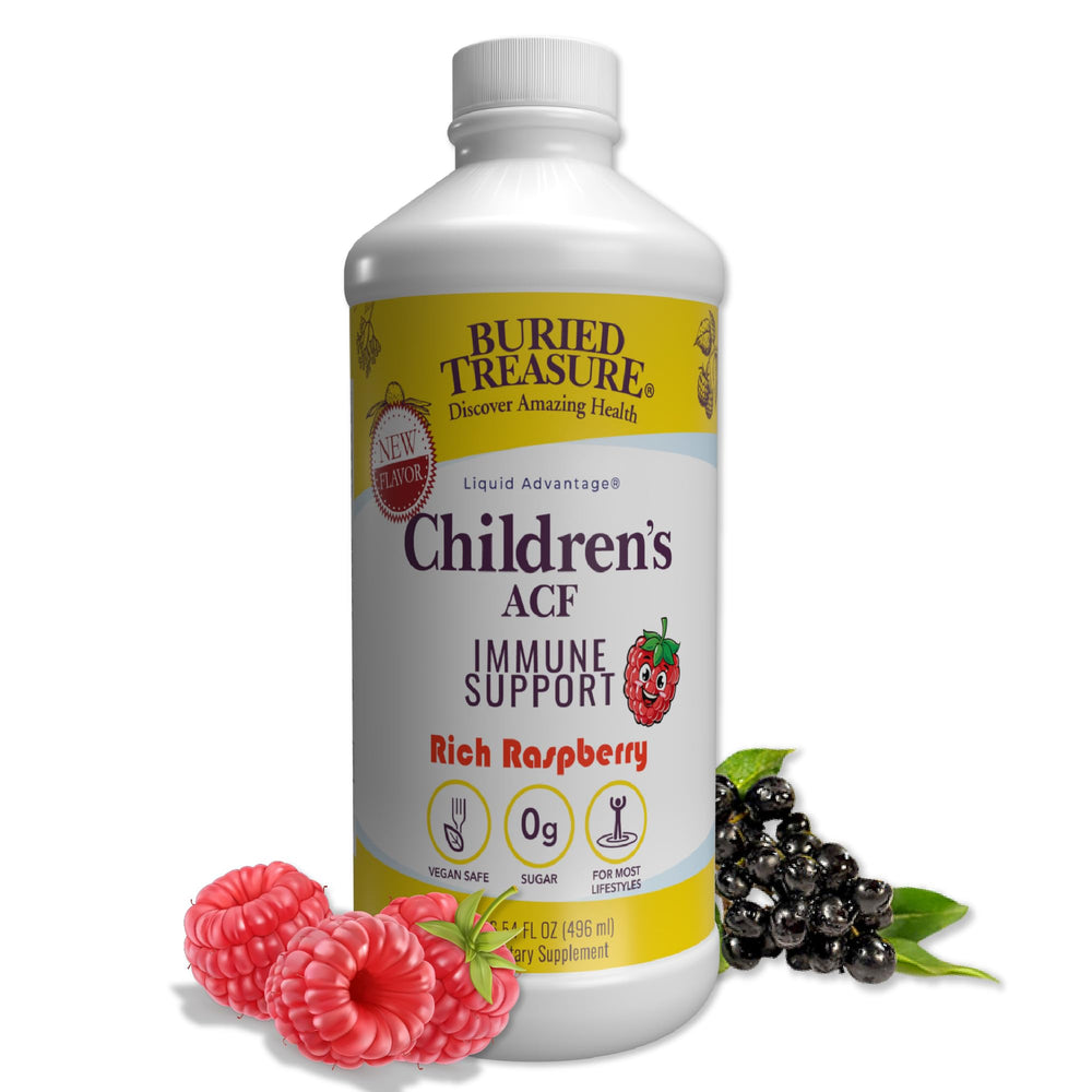Buried Treasure Children’s ACF Liquid Immune Support bottle pour for easy daily dosing.