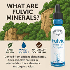 Buried Treasure Fulvic Mineral Drops label highlights vegan and non-GMO features