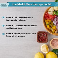 Close-up of LumiShield Plus label showing lutein and zeaxanthin ingredients for eye nourishment