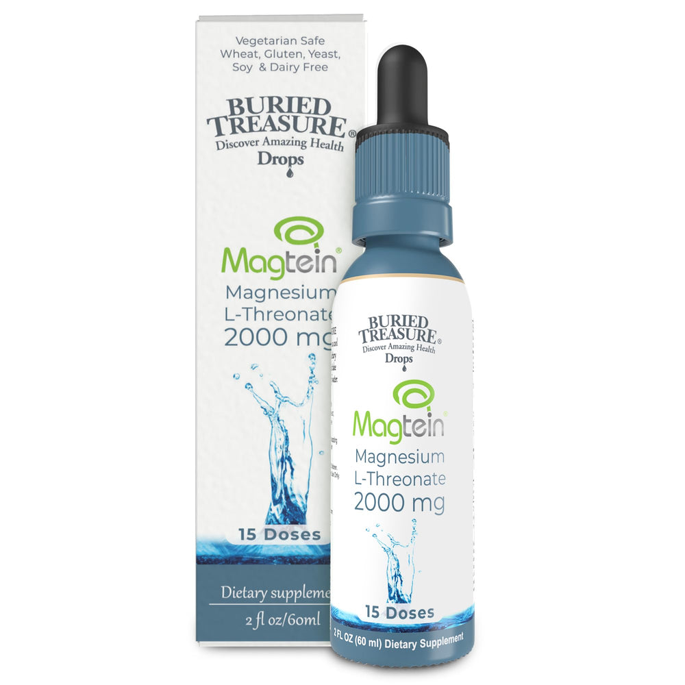 Buried Treasure Magtein bottle with label visible, signaling brain health support for daily routines.