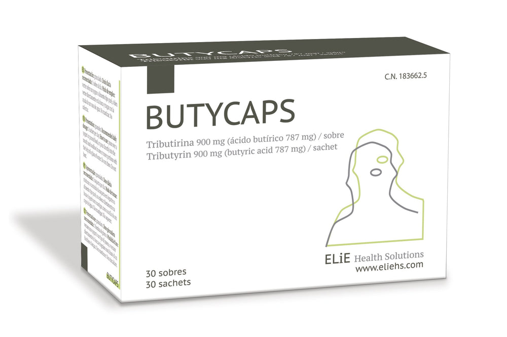 Butycaps Tributyrin sachet packaging for convenient daily gut support.
