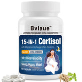Bvlaue cortisol reducer bottle close-up highlighting 15-in-1 formula for stress support