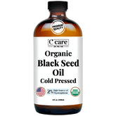 C CARE black seed oil bottle in amber glass highlights purity and freshness.