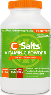 C-Salts Vitamin C powder bottle front view for easy daily dosing.