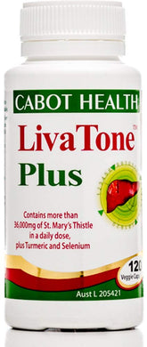 Cabot Health LivaTone Plus with Turmeric bottle on a clean surface, highlighting turmeric-based formula.