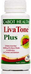 Cabot Health LivaTone Plus with Turmeric bottle on a clean surface, highlighting turmeric-based formula.