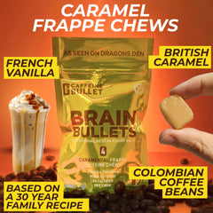 Brain Bullet chews close-up showing caramel-fr frappe flavor and mental clarity.