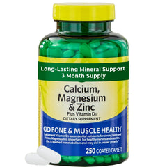 Calcium Magnesium Zinc Plus Vitamin D3 bottle caplets for daily bone and muscle support.