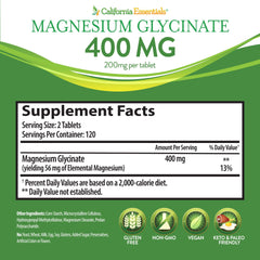 California Essentials Magnesium Glycinate vegan tablets graphic emphasizing dairy-free and non-GMO