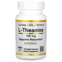California Gold Nutrition L-Theanine AlphaWave bottle front promotes calm focus.