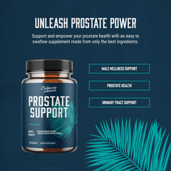 California Products Prostate Support packaging beside a glass of water