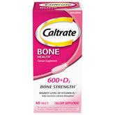 Caltrate 600 Plus D3 bottle front view highlighting calcium and vitamin D benefits.