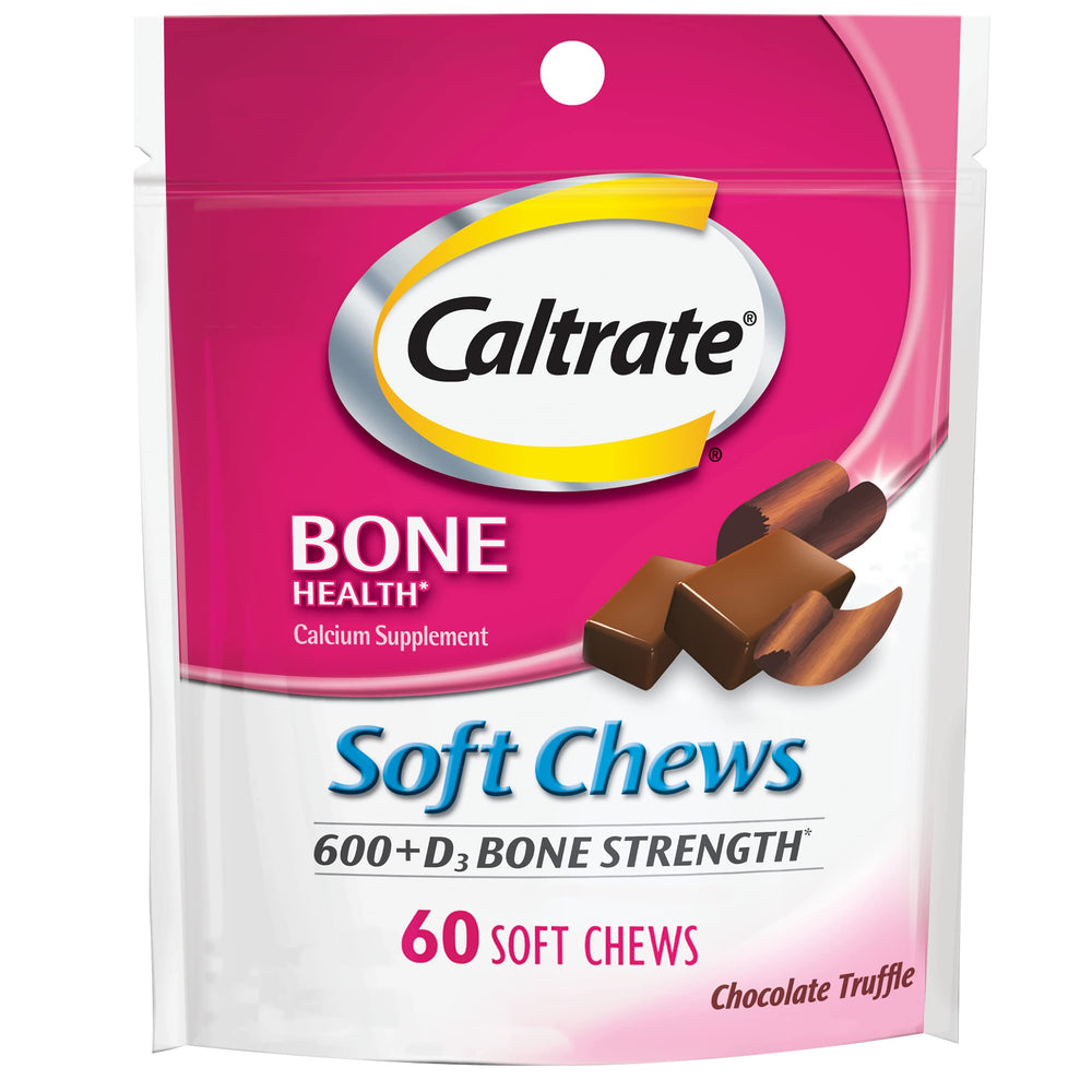 Caltrate 600+D3 Soft Chews chocolate truffle bottle for easy, daily calcium