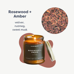 Calyan Rosewood Amber Candle closeup highlighting earthy aroma notes.