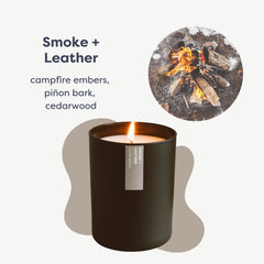 Calyan Wax Co. Smoke & Leather candle label visible, signaling clean-burning soy wax for gentle fragrance.