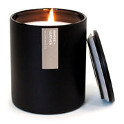 Calyan Wax Co. Smoke & Leather candle close-up in matte black tumbler creates a cozy, modern ambiance.