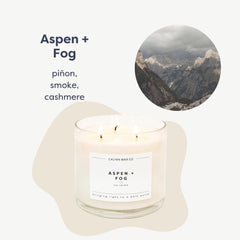 Calyan Wax Co. Aspen and Fog 3 Wick candle, side view highlighting the jar design