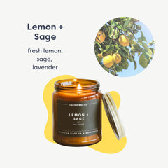 Calyan Wax Co Lemon & Sage label closeup showing premium ingredients.