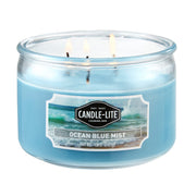 Candle-Lite Ocean Blue Mist jar close-up showing calming blue wax for serene spaces.