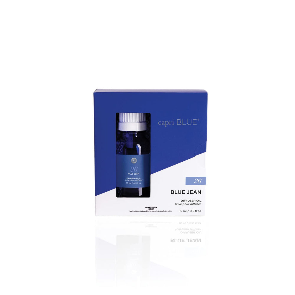 Capri Blue Blue Jean diffuser oil refill bottle delivering long-lasting home fragrance.