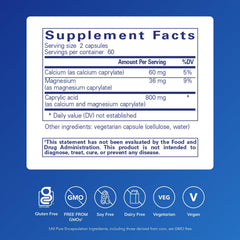 Caprylic Acid capsules close-up highlighting core supplement for intestinal health support.