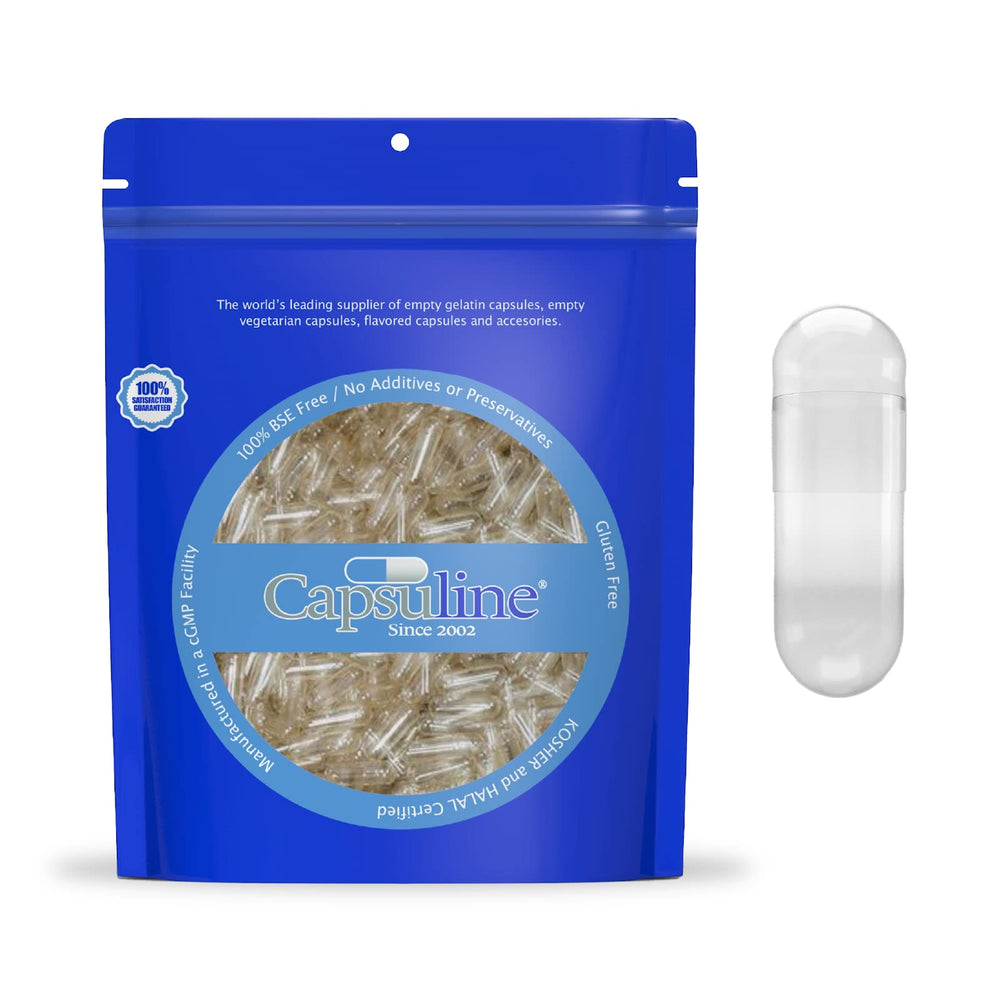 Capsuline size 000 empty capsules clear 500 count – front view for DIY filling.