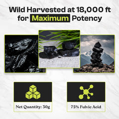 Caracal Cove shilajit resin close-up highlighting 75% fulvic acid content.