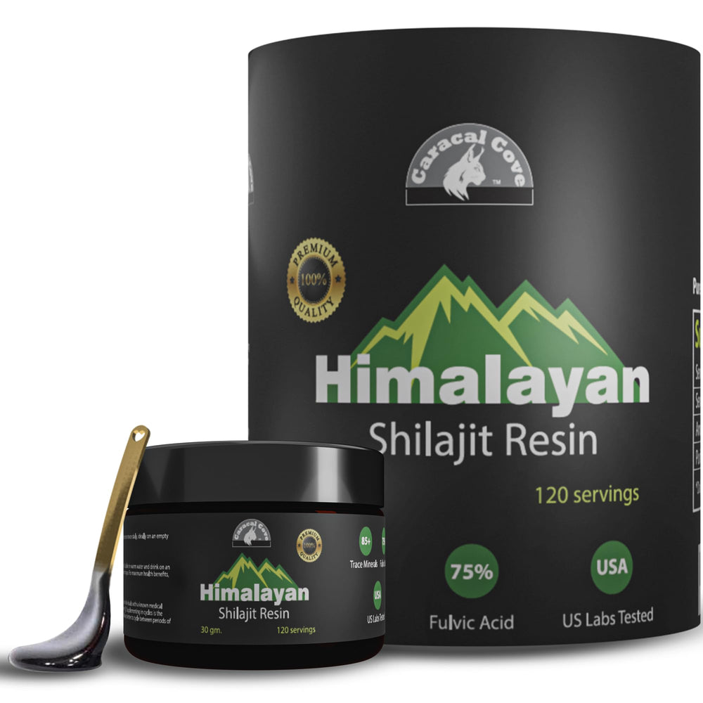 Caracal Cove Shilajit resin jar close-up for energy and vitality support.